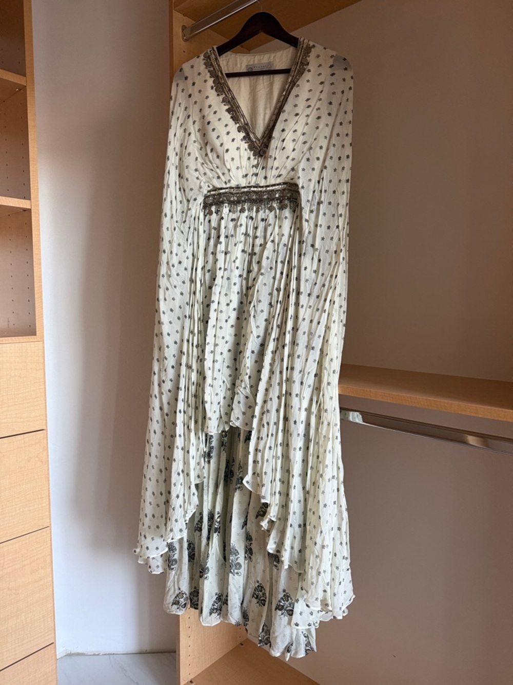 Elegant Cream Printed V-Neck Indian Maxi Dress with Embellished Waist